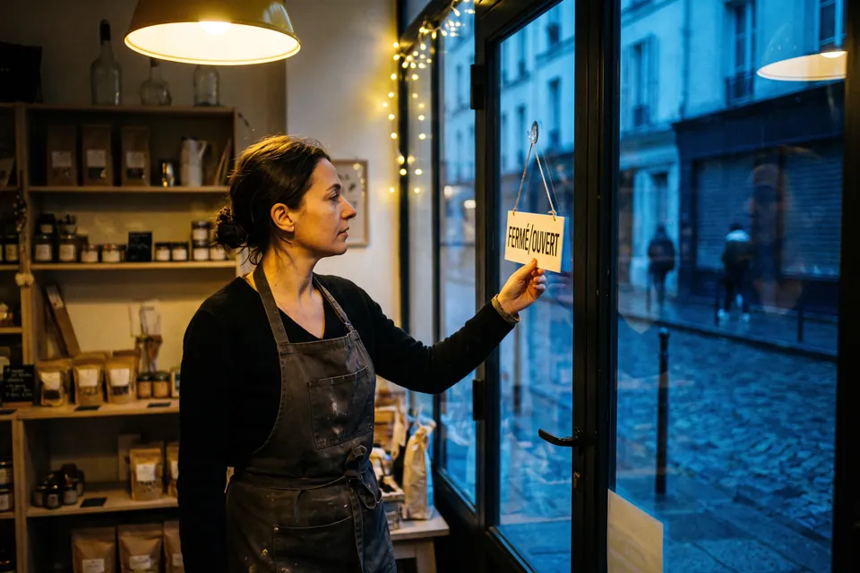 Une commerçante retourne l’écriteau de sa boutique à la tombée du jour