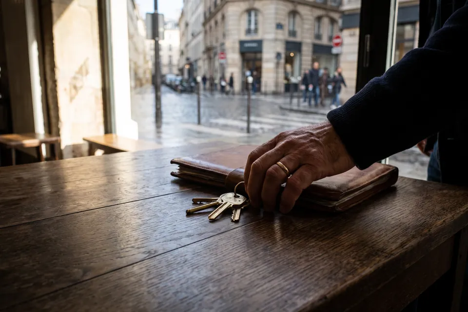 Un agent immobilier pose les clés et le dossier d’un appartement sur son bureau, devant la rue